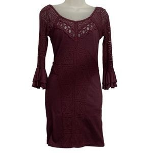 Free People Maroon City Girl Lace Body Con Ruffle Sleeve Boho Dress Sz XS Lined
